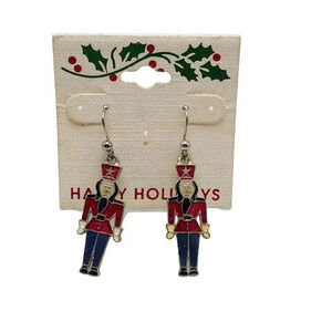 Happy Holidays Multicolor Enamel Christmas Nutcracker Dangle Drop Earrings VTG